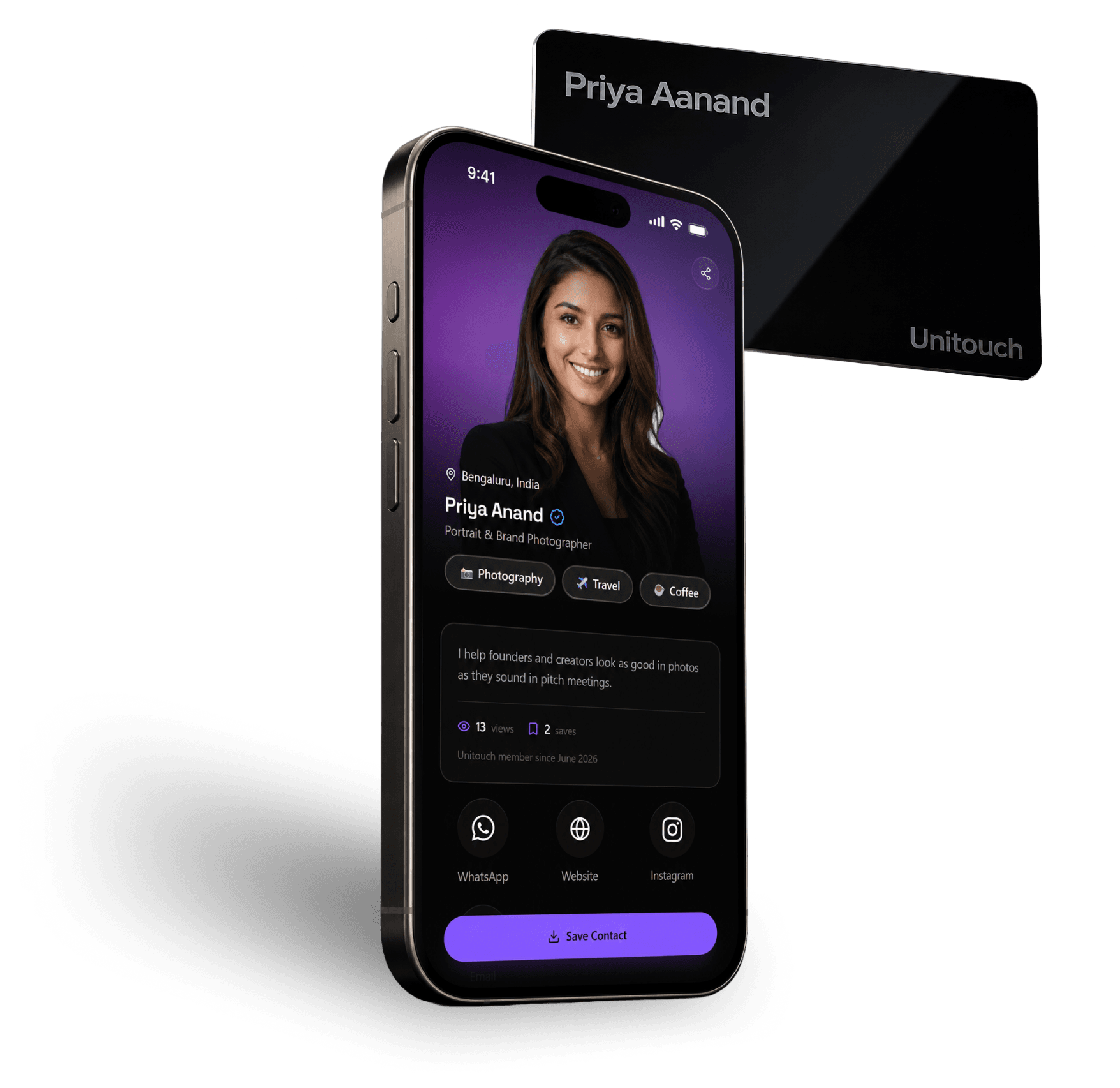A phone showing a live Unitouch profile page next to an NFC business card